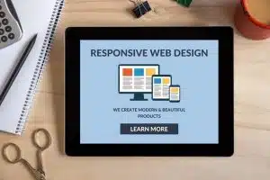 Responsive web design concept on tablet screen with office objects