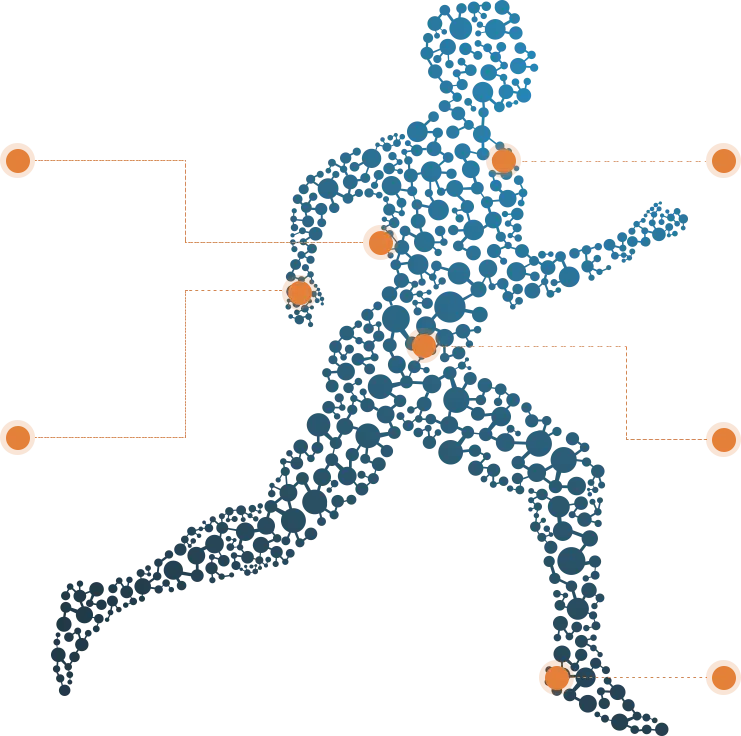 Animated image of a silhouette running made out of connected blue dots. There are several additional orange dots that indicate where specific body parts are located.