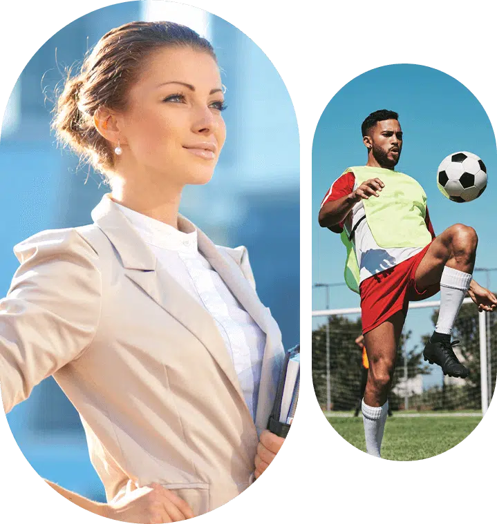 Photo of a young businesswoman on the left next to a photo of a young male soccer player wearing a yellow vest who is kicking the soccer ball up with his knee to the right.